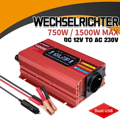 LVYUAN 1500W Max Wechselrichter DC 12V auf AC 230V Auto Spannungswandler mit 2USB + LCD