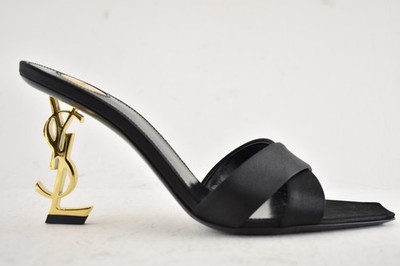 Saint Laurent Opyum 85 Sandal Black Satin Gold YSL Heel Backless
