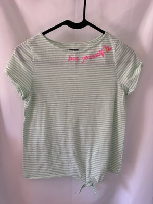 Lands' End Girls Large 14 Green White Striped Tie-Front T-Shirt ''Bee Yourself''