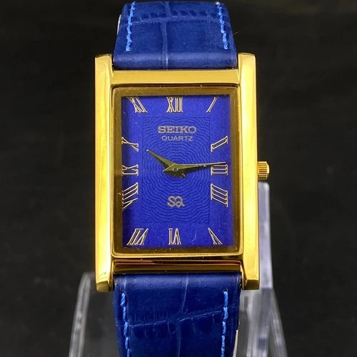 Vintage Seiko Slim Tank Quartz Men Blue Dial Dress Watch-Free DDP Shipping