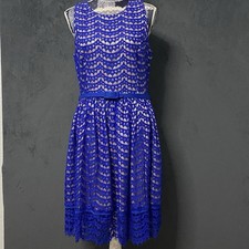 Eliza J Dress Womens 10 Fit & Flare Blue Lace Overlay Belted Nude Lining Pockets