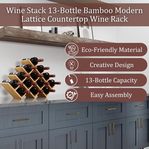 13 Bottle Bamboo Small Wine Rack for Countertop, No Tools Assembly, Modern La... - Picture 7 of 8