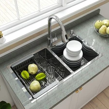 30"/32" Stainless Steel Kitchen Sink Double Bowl Drop In Top Mount w/ Faucet