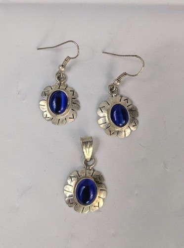 Pierced Earrings Set Matching Pendant Silver Tone Blue Stones Stamped Mexico Vtg - 第 8/16 張圖片