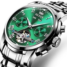 OLEVS 6603 Green Dial Men's Automatic Watch Skeleton Day Date Waterproof Steel