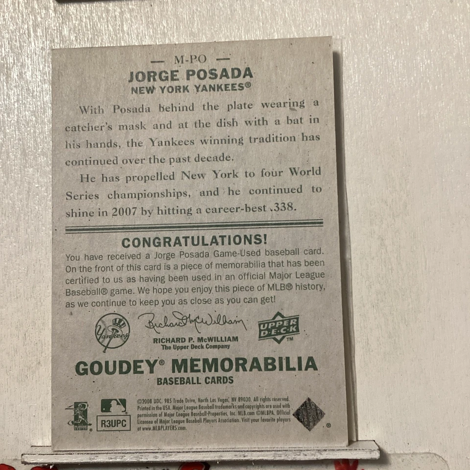 2008 Upper Deck Goudey Memorabilia Jorge Posada #M-PO - Image 3 of 3