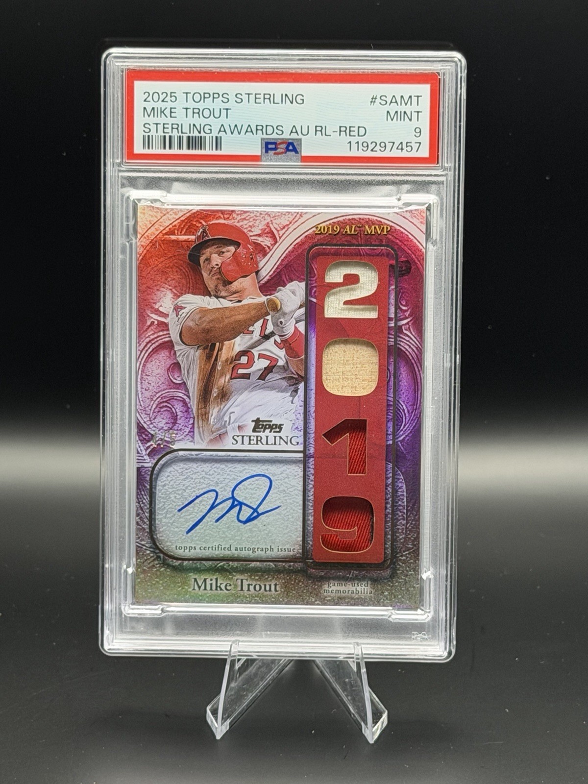 Topps 2025 Sterling Mike Trout AL MVP Auto Relic Red /5 PSA9 POP 1 TOP POP view 1