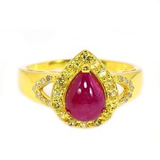STERLING 925 SILVER RING BLOOD RED RUBY PEAR CABACHON GEMSTONE 8X6 MM. SIZE 8