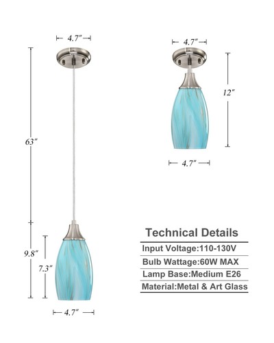 Mini Pendant Light,Handcrafted Art Glass Pendant Lighting Shade with Brushed ... - Picture 3 of 8