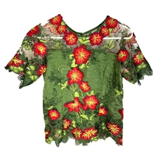 Y2K Top S Green Floral Lace Embroidered Sheer Dainty Grunge Coquette Bloomcore