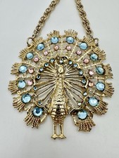 VTG Gold Tone Peacock Blue Rhinestone Chain Pendant Necklace Bird Estate Read