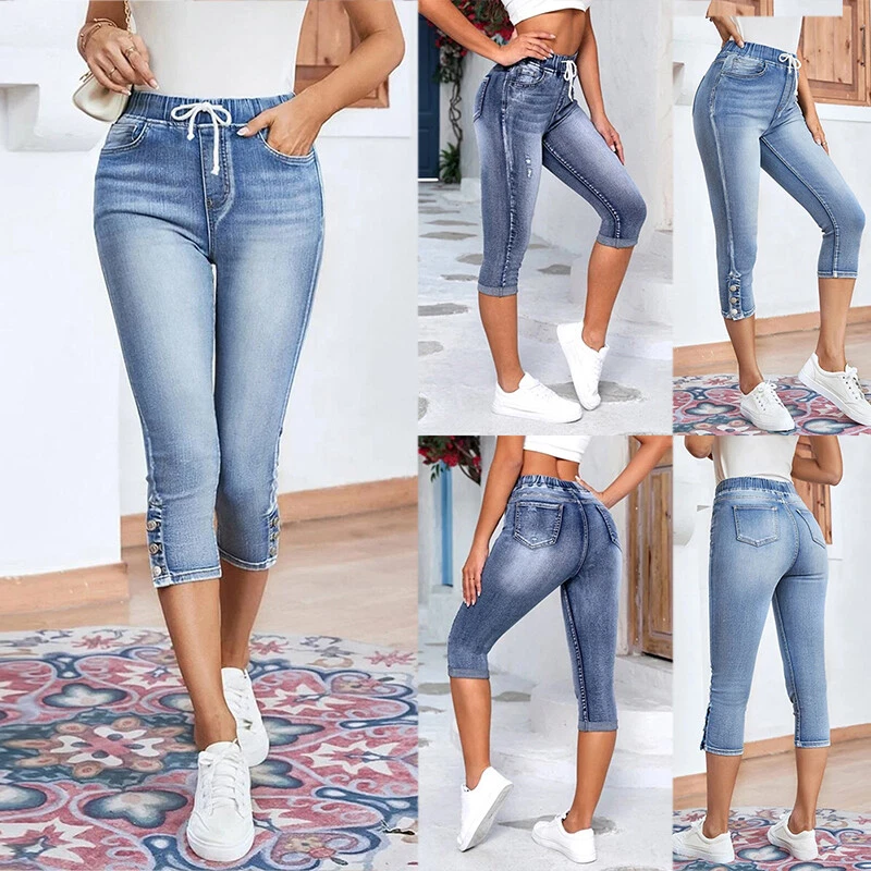 Womens Skinny Stretchy Denim Cropped Jeans Ladies Capri Crop 3/4