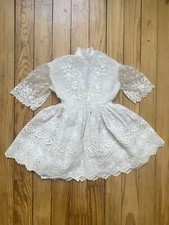 Vintage Girls Ivory Exquisite Embroidered Cotton Mesh Party Dress 1940s 1950s