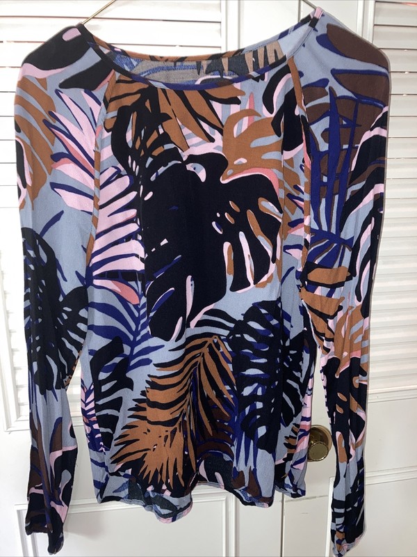 Black Gray Pink Brown Leaf Print Long Sleeve Crepe Blouse XS