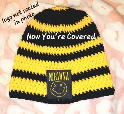 NEW NIRVANA Handmade Crocheted Black Yellow Knit Beanie