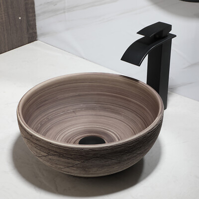 Bathroom Countertop Ceramic Vessel Sink Waterfall Faucet Pop-up Drain Combo Set