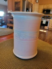 Pottery  Stoneware Utensil Holder Light Pink Blues & White Signed Rowe