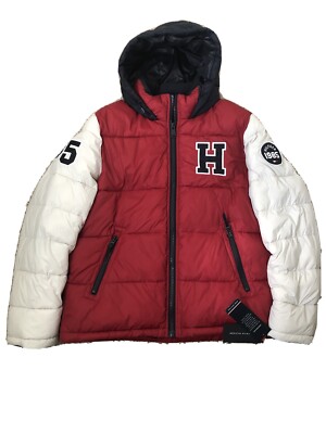 Tommy Hilfiger Mens Puffer Letter Jacket NWT Red White Blue Block