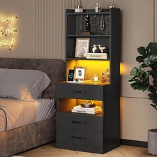 Tall Nightstand with Bookshelf & 3 Drawers Modern End Side Table for Bedroom