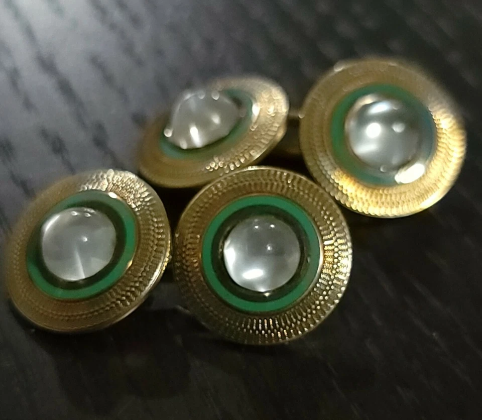 Gemelos Art Deco Nouveau Black Star & Frost oro 14k esmalte verde piedra lunar  Foto 3 de 4