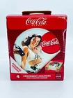 4 Vintage Coca Cola Coasters Stoneware in wood container Women drinking coke