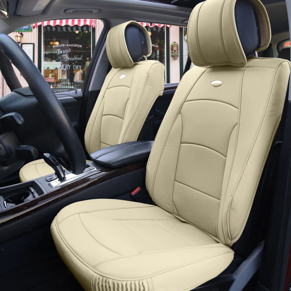 Cubierta de asiento de coche con cucharones de cuero sintético beige liso con cubierta de dirección gris para SUV Foto 3 de 4