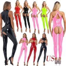 Woman's Hollow Bodysuit Open gear Jumpsuit Latex Shiny Leggings Catsuit Romper