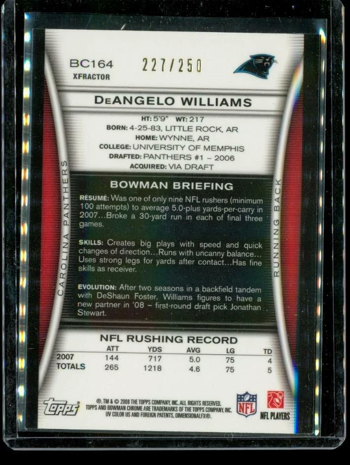 2008 BOWMAN CHROME Xfractor Football Card BC164 DEANGELO WILLIAMS Panthers LE - Image 2 of 2