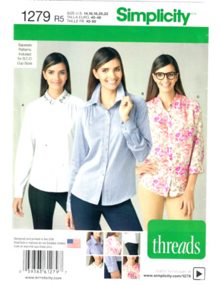 Simplicity Pattern 1279 Ms THREADS Button Front Shirt w/Collar Variations 14-22
