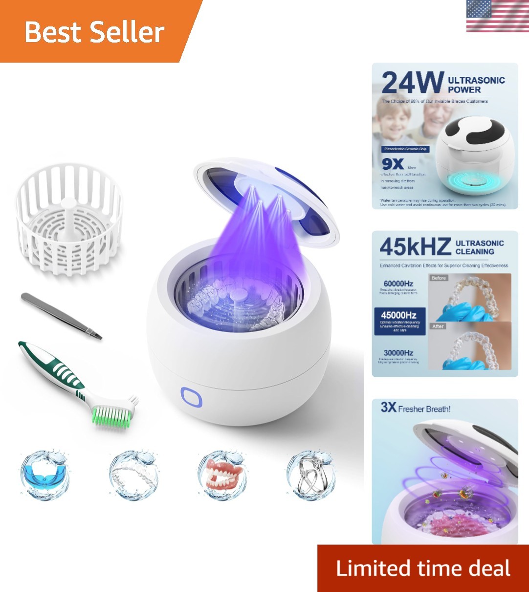 Ultrasonic Retainer Cleaner Machine – 45kHz Retainer Cleaner for Night Guards...