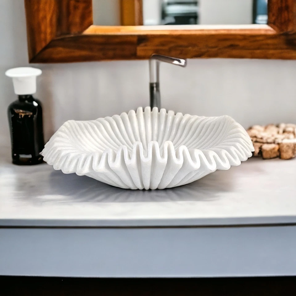 Fregadero de mármol blanco | Lavabo de piedra natural artesanal | Fregadero de baño de mármol Foto 4 de 4