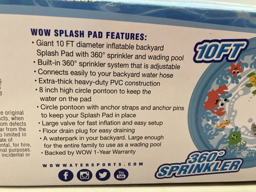 WOW SPORTS GIANT SPLASH PAD INFLATABLE 10' DIAMETER WADING POOL W/SPRINKLER *NEW - Picture 9 of 9