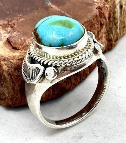 Vintage Navajo Silversmith Abel Toledo Sterling Silver Turquoise Ring Sz 12.25
