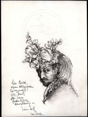 Gerresheim, James Ensor mit Kopf-Pflanzenschmuck. 2005. [Sign. Orig.-Zeichnung].