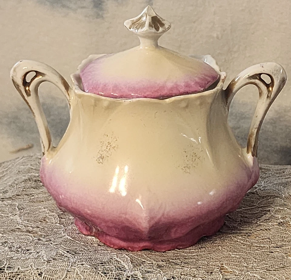 Antiguo azucarero alemán con tapa/pintado a mano/rosas rosadas amarillas de 5 1/2" Foto 3 de 4