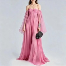 Dusty Pink Off Shoulder Pleated Chiffon Flare Sleeve Long Flowing Evening Gown