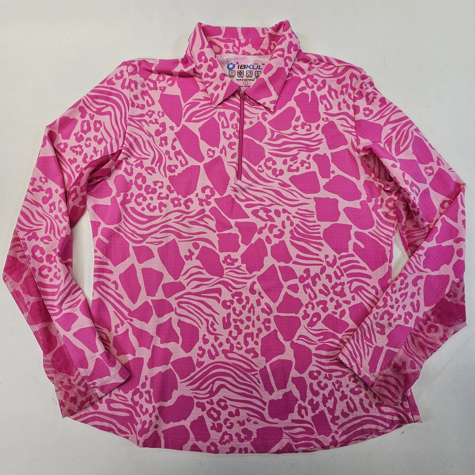 IBKUL Bianca Pink Long Sleeve Mock Neck Zipper Shirt Large 50 SPF Retail $95