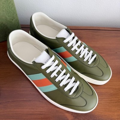 Gucci G74 Leather Sneakers Olive Green Blue Orange Web Stripe 858981 Mens UK 8