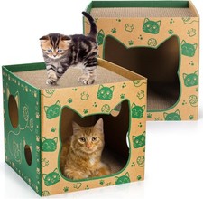 2 Pack Cardboard Cat Houses, Play House with 2 PCS Brown; Green