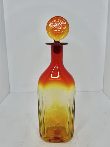 Vintage MCM Blenko Glass 6618 Decanter In Tangerine W/lollypop Stopper