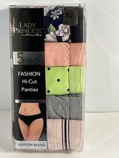 Lady Princess Intimates 5 Pack Fashion Hi Cut Panties - XL Cotton Blend. New