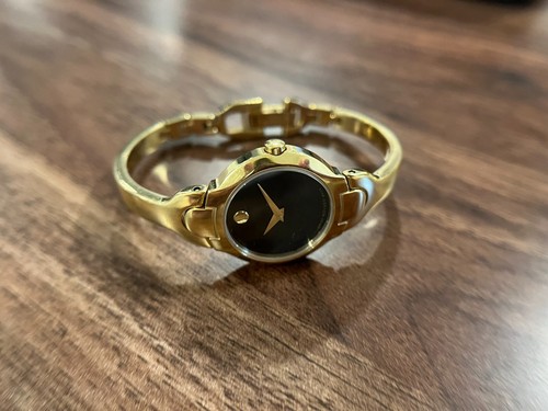 Movado Museum Womens Watch Gold Tone Bangle Band Black Dial