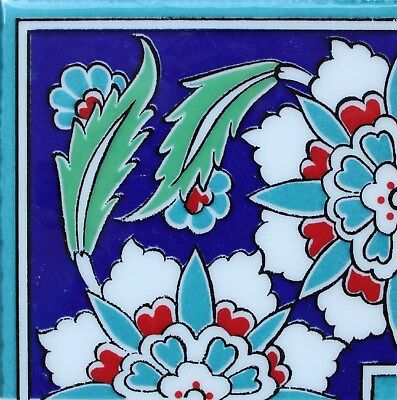 4" 10cm Set of 6 Turkish Round Iznik Floral Pattern Ceramic Coasters In Box 