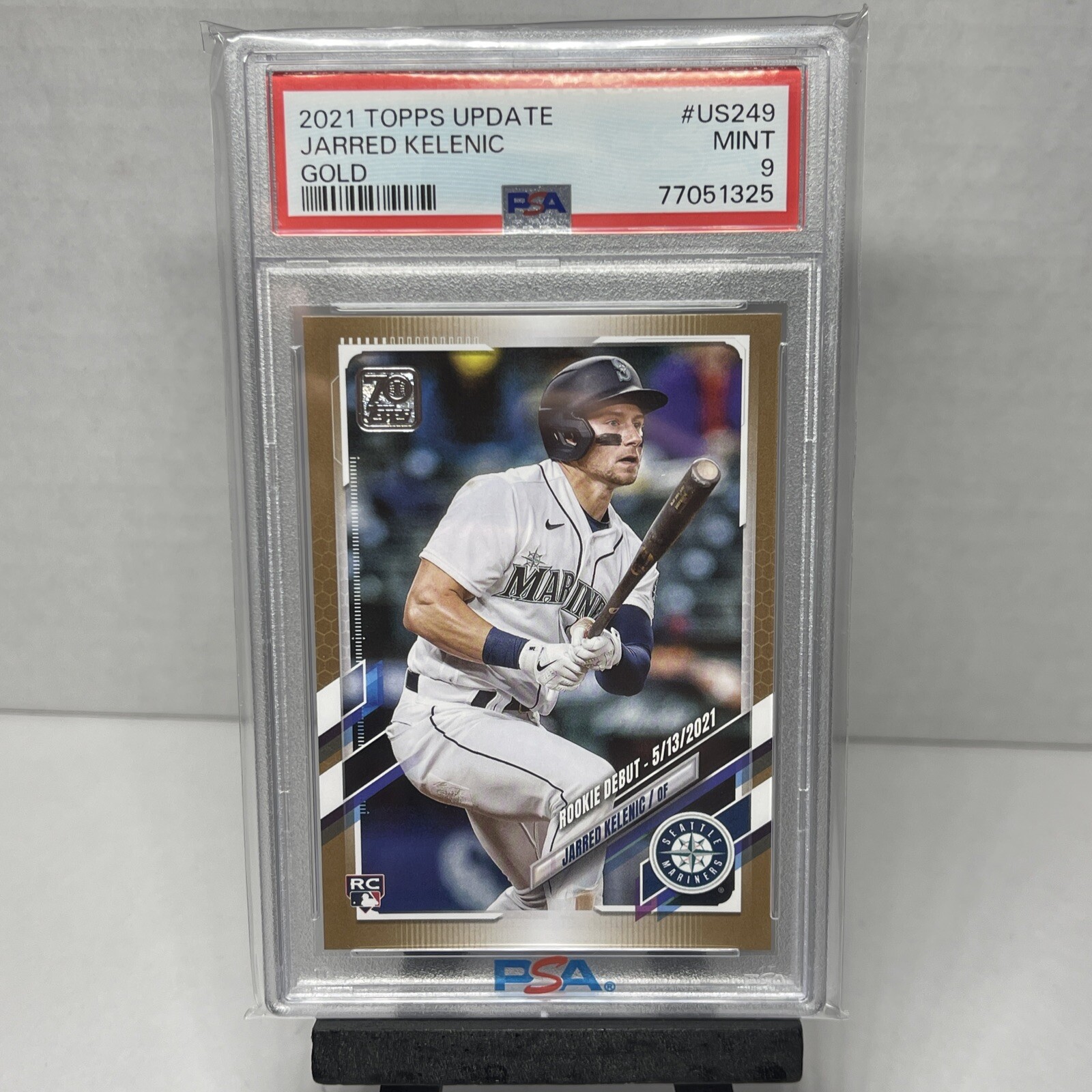 2021 Topps Update Jarred Kelenic Rookie Debut US249 Gold 0104/2021 PSA 9