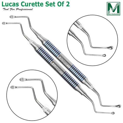 Dental Lucas Curettes Set of 2 Surgical Bone Curettes Serrated Blue Coated Tips - 第 1/3 張圖片