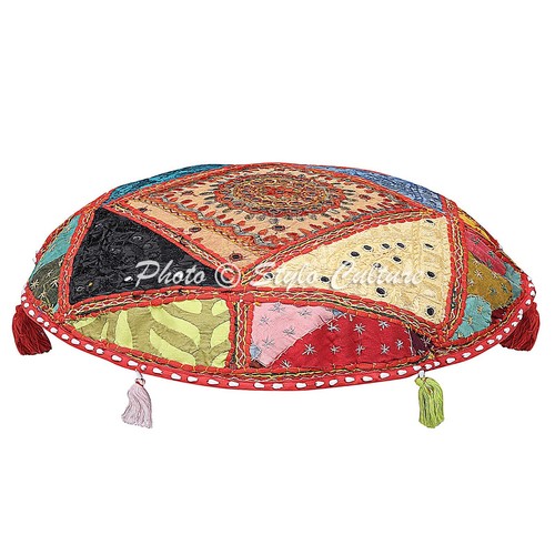 Multicolor Round Dog Pillow 22 in Vintage Patchwork Floor Pillow Covers Pouf - Picture 2 of 6