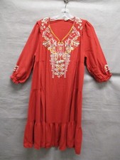 Solitare Dress Womens Small Orange Embroidered Flowy Lined Bohemian Midi Casual