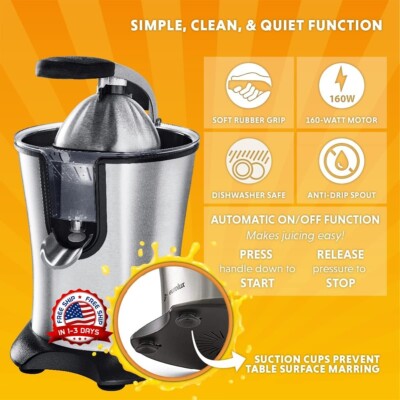 Zumo Naranja Exprimidor Eléctrico YISSVIC De Acero Inoxidable 130W,  Palanca De Aluminio, Anti-goteo Licuadora Portatil