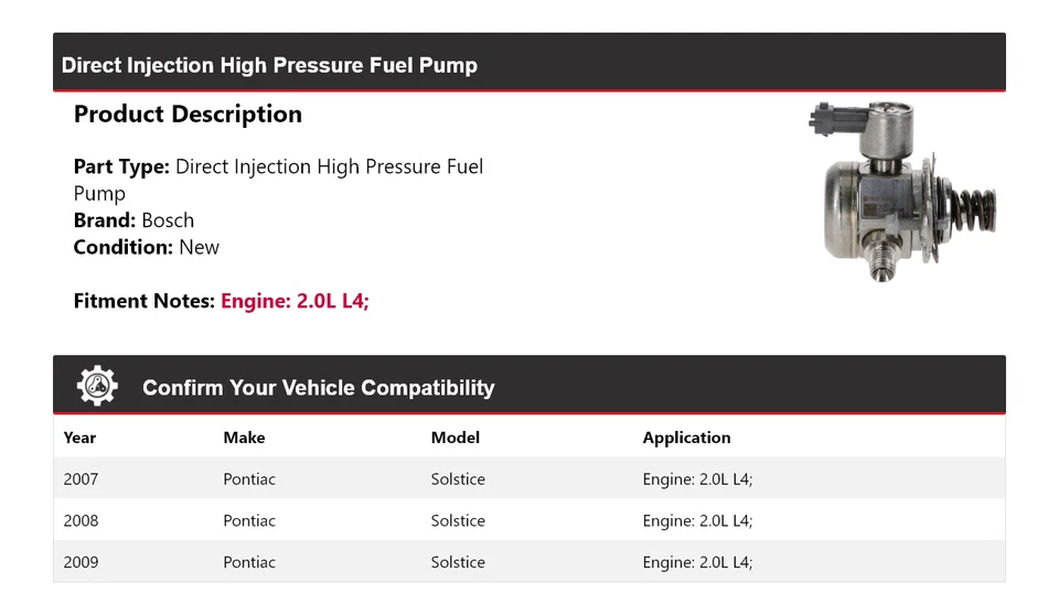 Bomba de combustible HP de inyección directa Bosch 2008 2,0 L para Pontiac Solstice 2007-2009 Foto 2 de 4