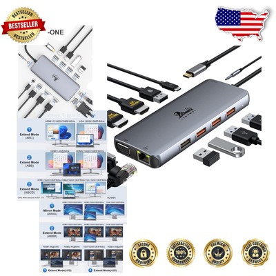 Versatile 11-in-1 Docking Station for Dual Monitors - Supports Dell, HP, Lenovo